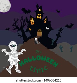 Spooky and Creepy Holiday Halloween poster, creative abstract background, for greetings and party invitation card, flyers. Graphic vector illustration, cute character and symbols. Happy postcard