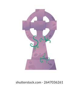 Spooky cross-shaped tombstone vector illustration with green vines, ideal for Halloween party invitations, haunted house decorations, creepy posters, October celebration visuals, and horror-themed