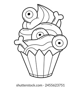 Espeluznante cupcake con ojos y huesos para colorear libro para niños. Página para colorear cupcake de Halloween. Ilustración monocroma en blanco y negro. Ilustración de niños Vector.