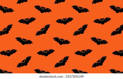 Murciélago espeluznante y lindo sobre fondo de patrón naranja para el día de Halloween. Ilustración para la decoración, telón de fondo, papel de embalaje, textil, tarjeta de invitación de Halloween, impresiones, Fondo de pantalla. Estilo de Vector plano.