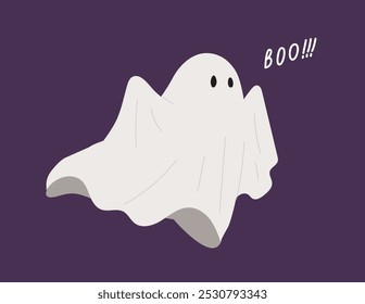 Spooky and cute cloth ghost with "BOO!!!" word. Fabric or bedsheet ghost. Character for Halloween decoration, greeting or invitation card, October festival, Halloween night. Flat vector cartoon.