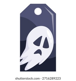 Etiqueta fantasma espeluznante y lindo para las ventas de Halloween y favores de fiesta, con un triste fantasma de dibujos animados en una etiqueta de Precio oscuro