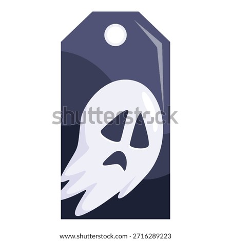 Spooky and cute ghost label for halloween sales and party favors, featuring a sad cartoon ghost on a dark price tag