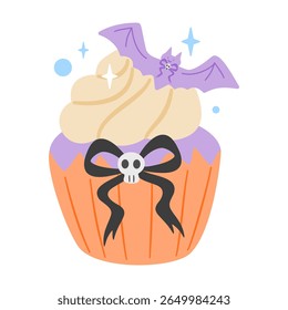 Espetacular bonito cupcake de Halloween com um morcego, arco de crânio, e glacê, isolado no branco. Perfeito para guloseimas