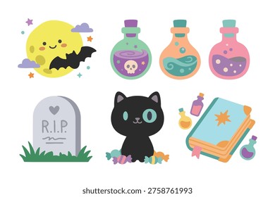 Spooky Cute Halloween Element Set with Black Cat, Bat, Potions, and Tombstone