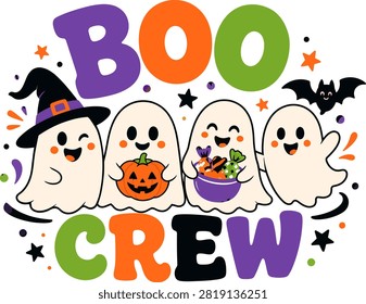 Spooky Cute Halloween Ghost Squad Graphic Design for Shirts and Decor.
Funny Boo Crew Halloween Typography Vector Art with Cute Ghosts and Bat.
Halloween Party Boo Crew Vector Mascot Design Featuring Ghosts and Witch Hat.
Adorable Halloween Boo Crew Characters Vector Illustration for Kids T-Shirt.
