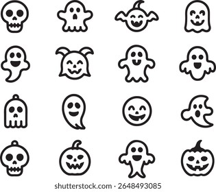 Spooky and Cute Halloween Icons Featuring Ghosts, Pumpkins, and Skulls in a Fun and Playful Black and White Design