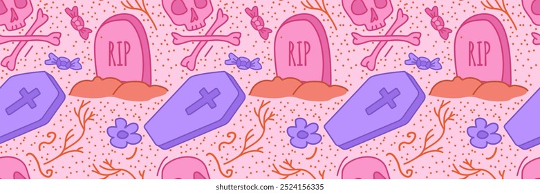 Spooky cute halloween pattern with grave and coffin. Stock vector illustration in cartoon style with outline.