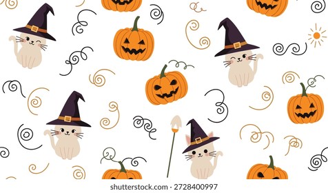 Espeluznante y lindo patrón sin fisuras de halloween con gatos que llevan sombreros de bruja, calabazas y remolinos mágicos sobre fondo blanco.