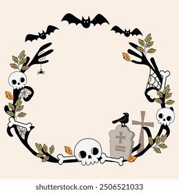 Spooky Cute Halloween Wreath Garland with Skulls, Bats, graveyard, tombstone, raven, spider webs, autumn leaves, Bones for Decorate invitation greeting party celebration card poster banner backgrounds