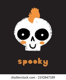 Spooky. Cute Hand Drawn Crayon Drawing Style Halloween Vector Illustration With Punk Skull On A Black Background. Creepy Skull Of A Punk With Orange Irokez Hair Halloween Print Ideal For Card.