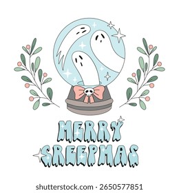 Spooky Cute Hand Drawn Snowglobe with White Sheet Ghosts, Holly, and Merry Creepmas Wordplay in Retro Halloween Christmas Fusion Style Vector Illustration. Ideal for gothic holiday cards, quirky