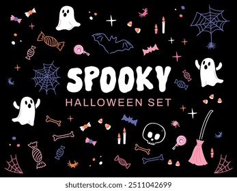 Spooky and cute hand-drawn Halloween illustrations and clipart collection - download, whimsical, vector, commercial use, pumpkins, ghosts, bats, pastel colors.