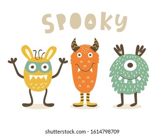 Spooky Cute Monster characters, isolated on white. Typography Template for Halloween Poster, Stickers, Tags, Gift Cards. Vector illustration