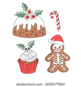 Spooky Cute Retro Halloween Christmas bakery Vector Illustration Set Featuring Holiday Pie with Eyeball Holly, Skeleton Gingerbread Cookie, Candy Cane. Perfect for alternative holiday stickers, quirky