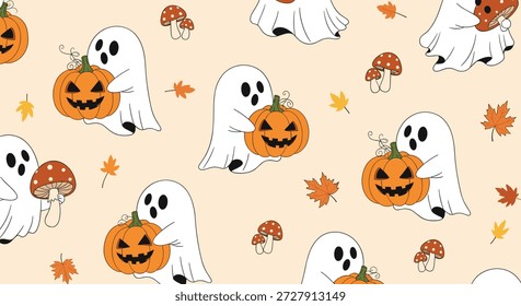 Padrão assustador, mas bonito sem costura para Halloween com fantasmas segurando abóboras esculpidas com folhas de outono e cogumelos no fundo bronzeado.