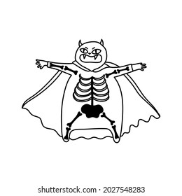 A spooky and cute vampire in a skeleton costume. Scary symbol of Halloween and witchcraft. Vector illustration on isolated background. For holiday invitations, print and web