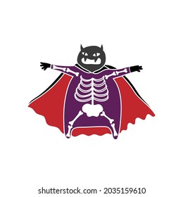 A spooky and cute vampire in a skeleton costume. Scary symbol of Halloween and witchcraft. Vector illustration on isolated background. For holiday invitations, print and web