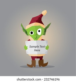 spooky but cute vector elf with tablet in his hand with place for text