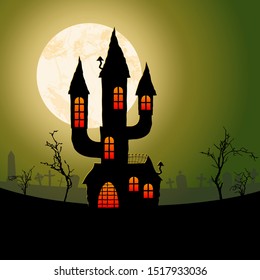 spooky dark castle in front of a full moon with grave stones and other scary illustrated elements for Halloween background layouts