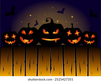 Abóboras escuras assustadoras no estilo jack o lantern na cerca em uma noite de Halloween escura. Espaço para texto. Feliz Dia das Bruxas