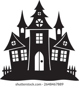 Uma silhueta assustadora e escura de uma casa assombrada, completa com uma árvore retorcida e uma lua crescente, perfeita para criar uma atmosfera misteriosa de Halloween.