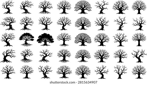 Spooky dead tree silhouette icon set featuring bare winter branches, old spooky forest woods, scary halloween gothic roots, and traditional oak bonsai shape illustrations.