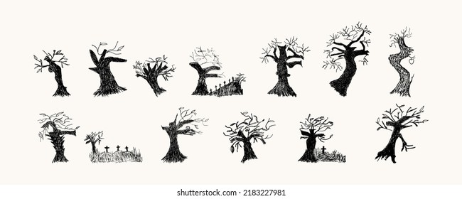 Spooky Dead Trees Hand Drawn Vector Illustration  Halloween Tree Silhouettes Collection