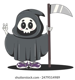 Spooky Death with a scythe cartoon character. Cute Halloween illustration in trendy retro groovy style.