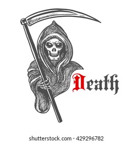 Spooky death skeleton in hooded cape cloak with scythe. Sketched grim reaper character for Halloween decoration or tattoo design