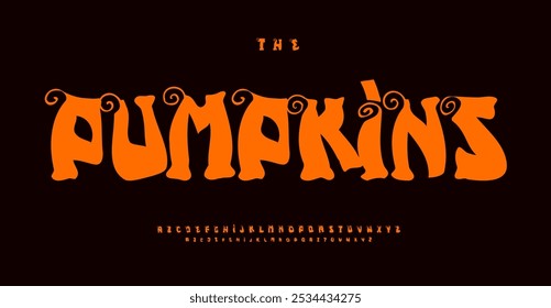 Spooky decorative alphabet, bold quirky letters, festive font with playful swirls for seasonal cartoonish design, artistic banner, funky dark lettering. Fun Halloween typography. Vector typeset.