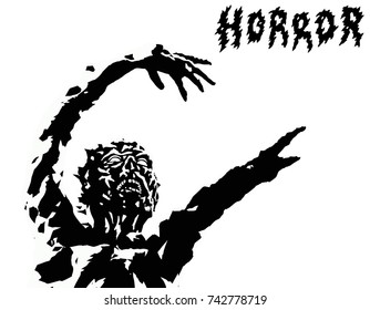 Spooky demon stretches to his victim. Vector illustration. Genre of horror. Scary reaper character.
