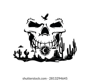 Spooky desert landscape with giant skull mountain, cactus, and gravestones vector icon isolated on white background. Black halloween graphic.