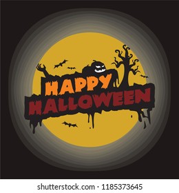A spooky “Happy Halloween” design with bats, a creepy tree, and a grinning pumpkin against a yellow moon on a dark background.
