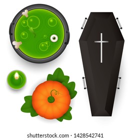 Spooky design elements for Halloween. Green potion in pot, burning aroma candle, coffin, pumpkin. Can be used for topics like festival, scary, horror