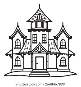 Uma ilustração de arte de linha detalhada e assustadora de uma casa assombrada clássica, perfeita para temas de Halloween. Este design apresenta detalhes arquitetônicos intrincados em um fundo branco limpo.