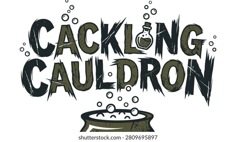 A spooky, distressed 'Cackling Cauldron' text design with a potion bottle and bubbles, perfect for Halloween themes. This illustration can be used for event invitations, party decorations, social media posts, or s...