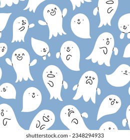 Spooky doodle ghosts on blue background, Halloween party season, vector seamless pattern