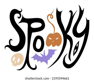 Spooky doodle hand drawn Halloween lettering sign isolated on white background. Vector and jpg printable image, unique boho clipart illustration, editable isolated details. Perfect for poster or