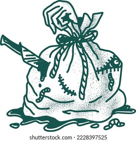 Spooky doodle of a sack with a knife and a hand sticking out of it