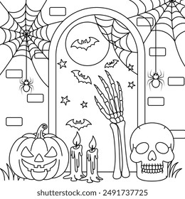 Spooky Door with Cobwebs, Skeleton Hand , Skull Colouring, Halloween Outline Coloring Page