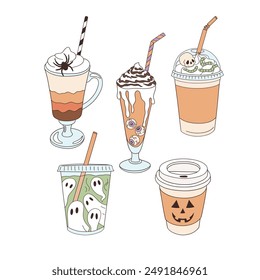 Spooky bebidas Vector Clip-arte conjunto aislado en blanco. Bebida de café de Halloween Cóctel con ilustración fantasma 