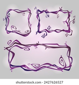 Gruselige trockene Lianen-Reben mit Glanz und verdrehten Ästen in Form von quadratischen, rechteckigen Rahmen für Spiel-UI-Design. Cartoon Vektor Illustration Set von Grusel Magie Dschungel lila Grenze.