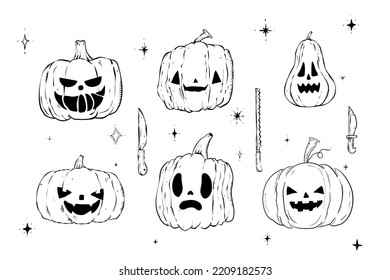 Spooky Engraving Pumpkin doodle illustration set for food menu or Halloween card