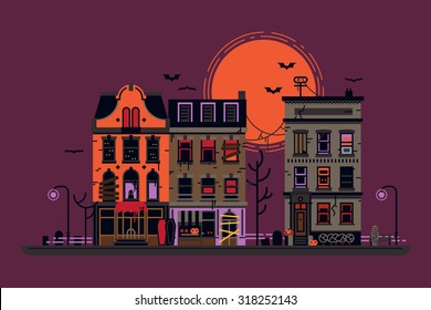 Spooky evil town vector background | Halloween illustration with haunted street townhouses at night. Ideal for greeting cards, posters and banners | Nightmare cartoon city landscape