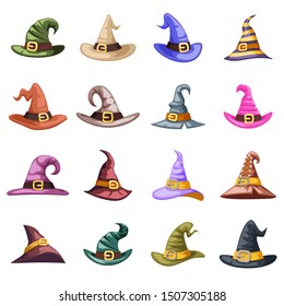 Spooky evil witch old hat decoration october halloween icons set isolated design cartoon vector illustration