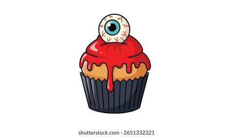 Bolinho de globo ocular assustador com glacê vermelho pingando um deleite assombrosamente delicioso