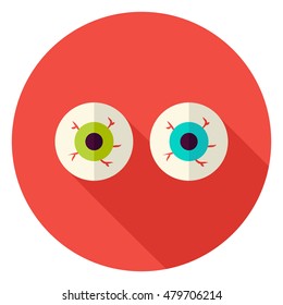 Spooky Eyeballs Circle Icon. Flat Design Vector Illustration with Long Shadow. Happy Halloween Symbol.