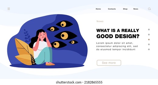 Spooky eyes looking at crying girl in darkness. Frightened woman scared of dark at night flat vector illustration. Fear, phobia, horror concept for banner, website design or landing web page