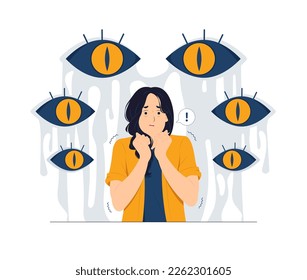 Spooky eyes looking at Frightened girl scared dark at night  surrounded by giant eyes  Schizophrenia  post  traumatic stress disorder  shocked concept illustration